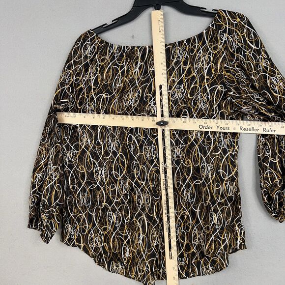 Diane von Furstenberg Blouse Womens 8 Black Gold White Silk Tie Waist Peasant - Picture 14 of 16